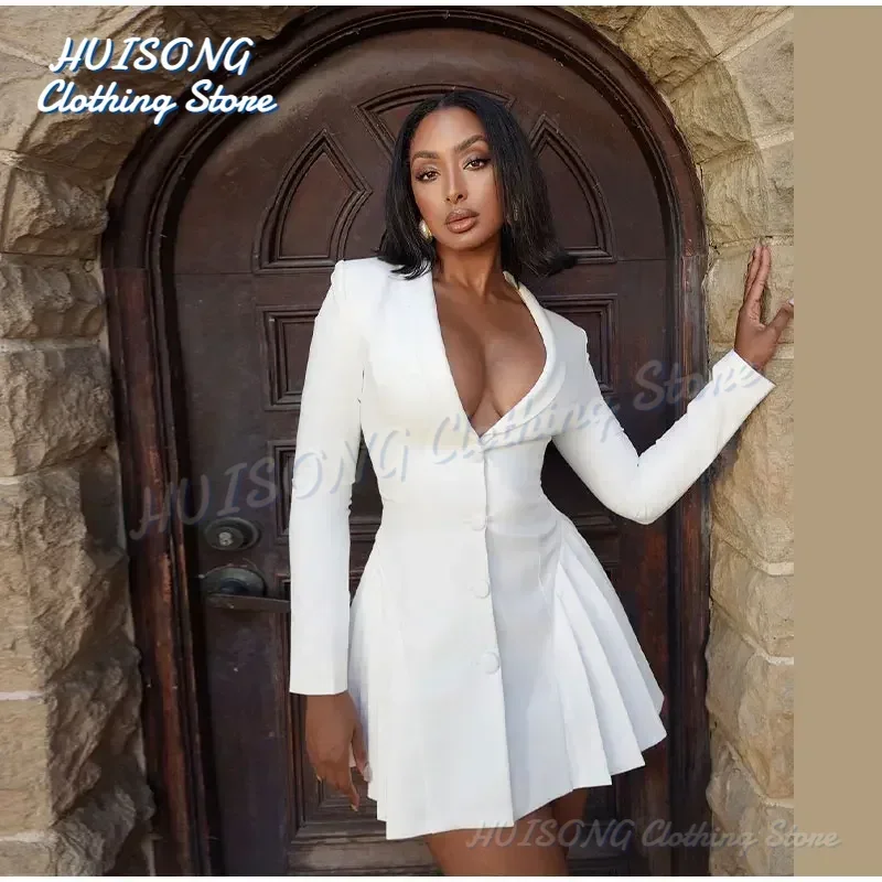 

Sexy Deep V Single Breasted Pleated Mini Dress Women Elegant Long Sleeves High Waist White Short Dresses Ladies Commute Vestidos