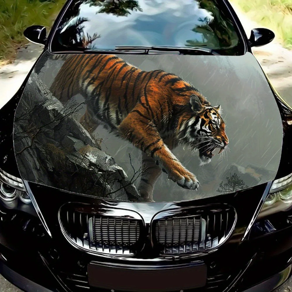 Fierce Tiger in The Storm Print Car Hood Decal Sticker, Durable Car Vinyl Wraps Suitable for Most Vehicles, Car Engine Hood Prot