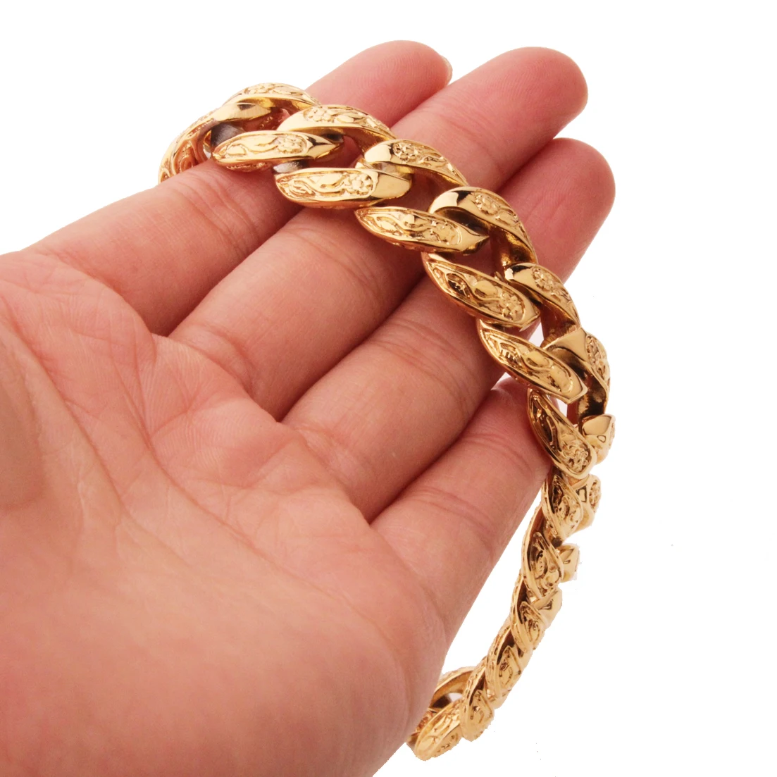 New Fashion Mens Bangle 15mm Solid Gold color  Stainless Steel Cast Flower Cuban Link Chain Bracelet 9\