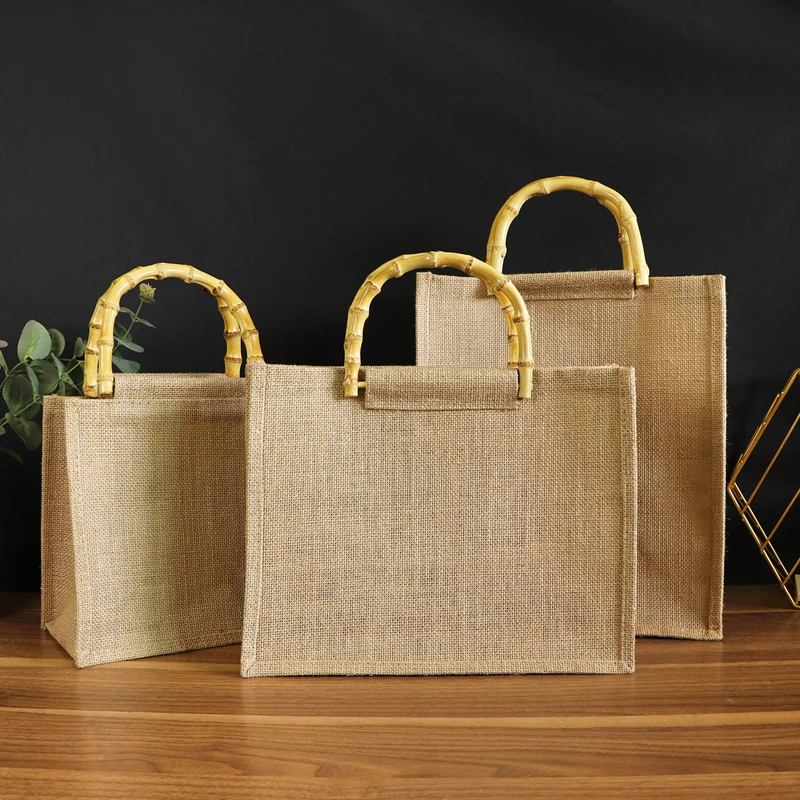 Bamboo Handle Vintage Jute Shopping Bag Cotton Linen Handbag Home Supermarket Shopping Bag Eco-friendly Large Capacity