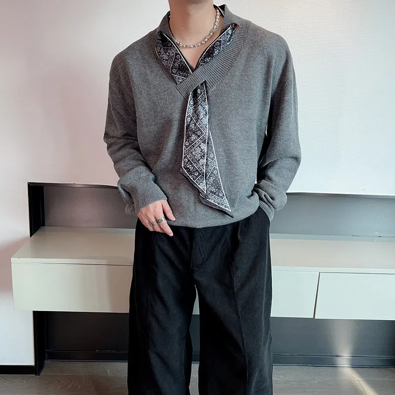 

Мужской вязаный свитер с дизайном воротника-шарфа, повседневный, с V-образным вырезом, длинный рукав, теплый и комфортный для осени и зимы