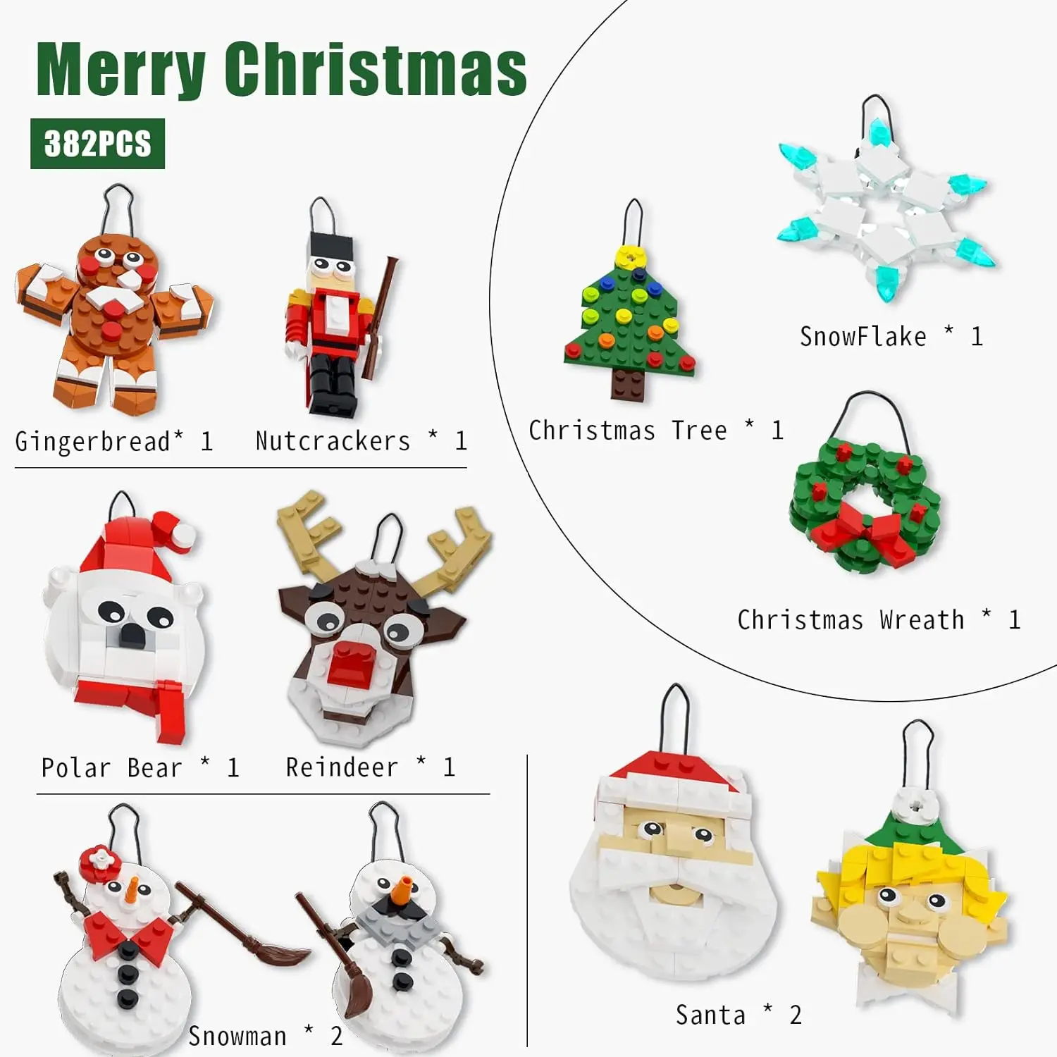 11-in-1 bouwpakket voor kerstversieringen, kerstboom, krans, kerstman, sneeuwpop, peperkoek, rendieren, notenkrakers, sneeuwvlok