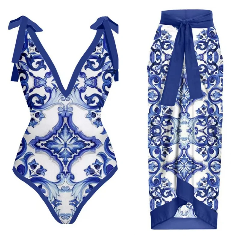 2024New Customized French Retro Printed One-Piece Swimsuit Hot Spring Vacation Beach Dress Bikini Suit