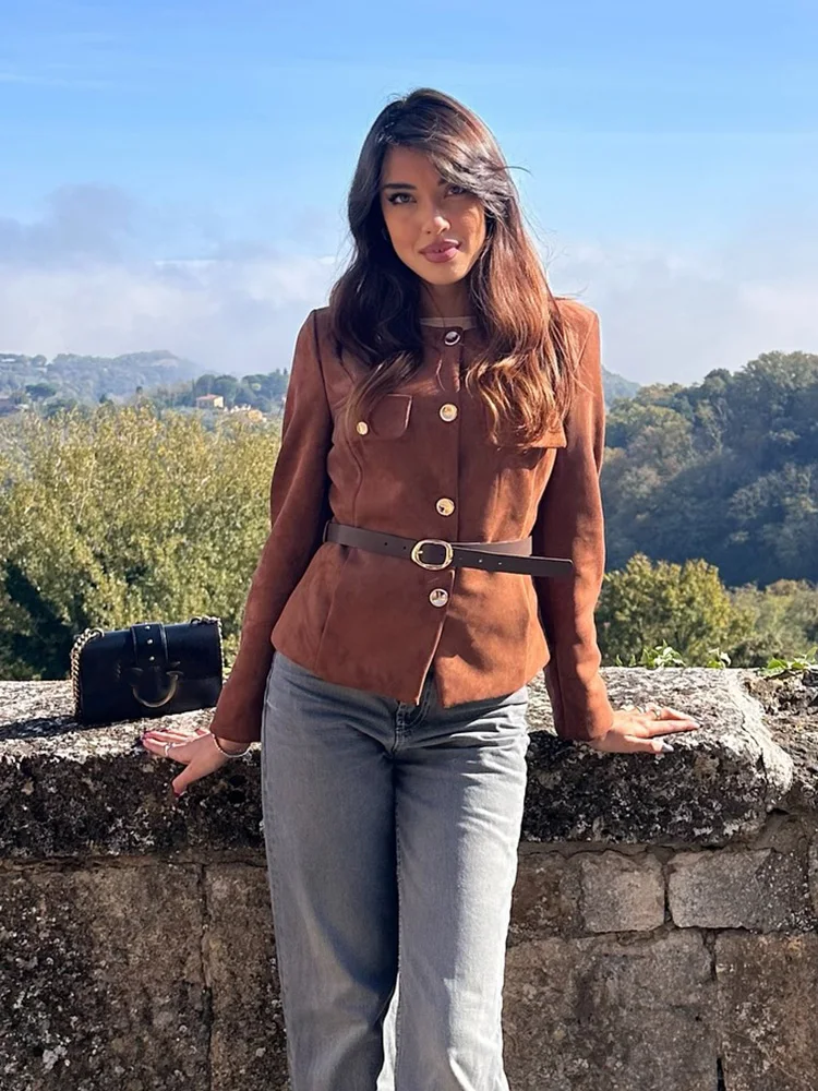 

HH 2025 осенний женский ремень с искусственными карманами и пуговицами, однотонные короткие куртки, женские элегантные уличные пальто с круглым вырезом и длинными рукавами