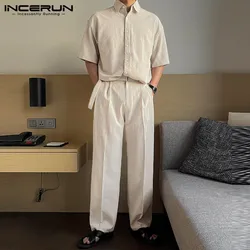 INCERUN Men Sets Solid Color Lapel Short Sleeve Shirt & Pants Two Pieces Sets Streetwear 2024 Loose Fashion Men's Casual Suits