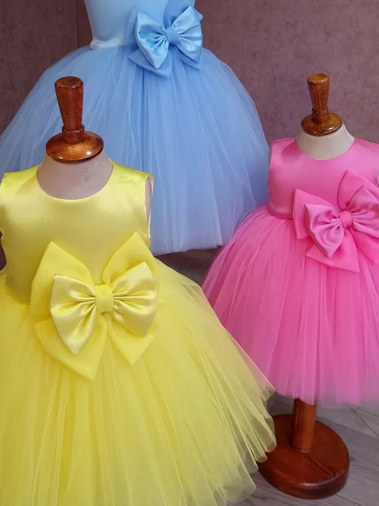 Yellow Satin Girl's Flower Party Dress Elegant Knee-length Slope-Shoulder Birthday Dress for Kids Pageant Dress for 1-14 Y Kids