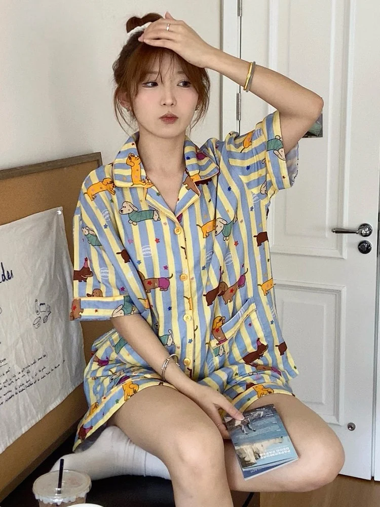 

Summer 2026 New Womens Pajamas Cute Dachshund Sausage Striped Short Sleeve Tops Shorts Sleepwear Fashion Cute Home Wear