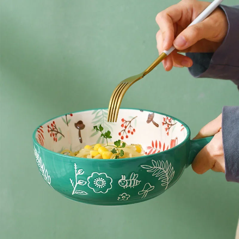 Single Handle Ceramic Bowl Noodle Forest Animal Design Large Creative Restaurant Household Flower Home Decoration