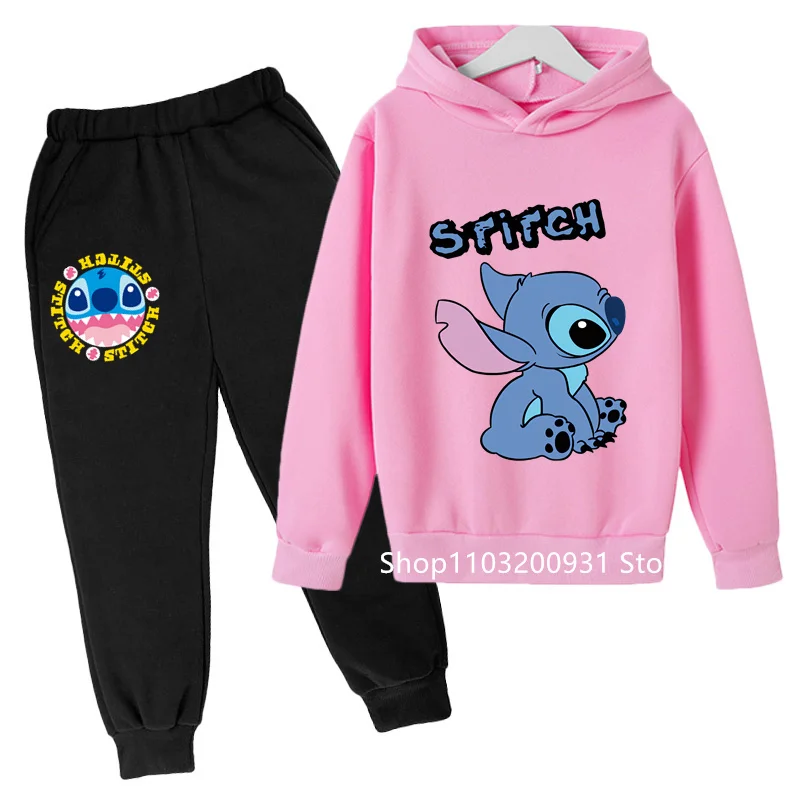 Pink Stitch Hoodie Set Kids 2-13 Years Suit Boys Tracksuits Kids Brand Sport Suits Stich Sweatshirt Tops +Pants 2Pcs Set