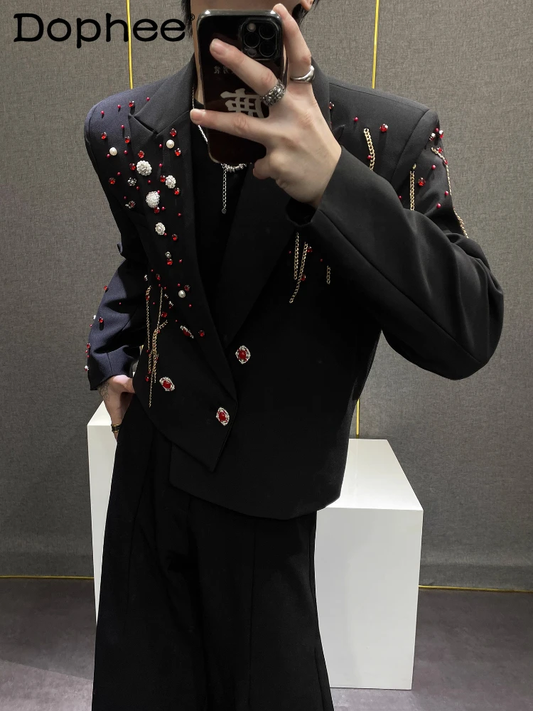 الرجال 2025 الخريف جديد مطرز سلسلة وحيد القرن مصممة معاطف مزدوجة الصدر بدلة صغيرة جاكيتات الرجال الاتجاه الخفيفة الفاخرة الحلل #1