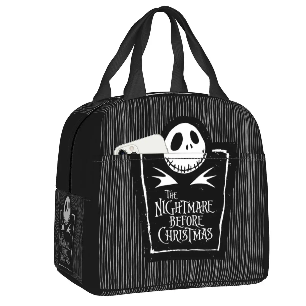 

Custom Horror Movie Christmas Skull Jack Skellingtons Insulated Lunch Bag for Women Leakproof Tim Burton Halloween Thermal