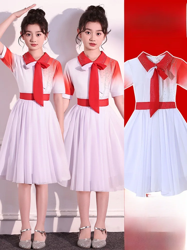 

National Day Children's Chorus Recitation Performance Costume Red Patriotic Girls Middle School Students Poem Speech Competit...