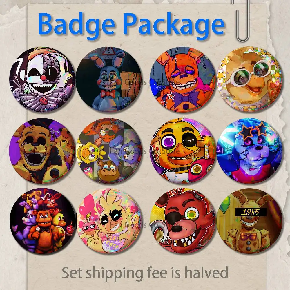 W-FnafS Brooches for Backpack Accessories 25,32,44,58,75mm Round Enamel Pins 2-piece set Cartoon Anime Badge