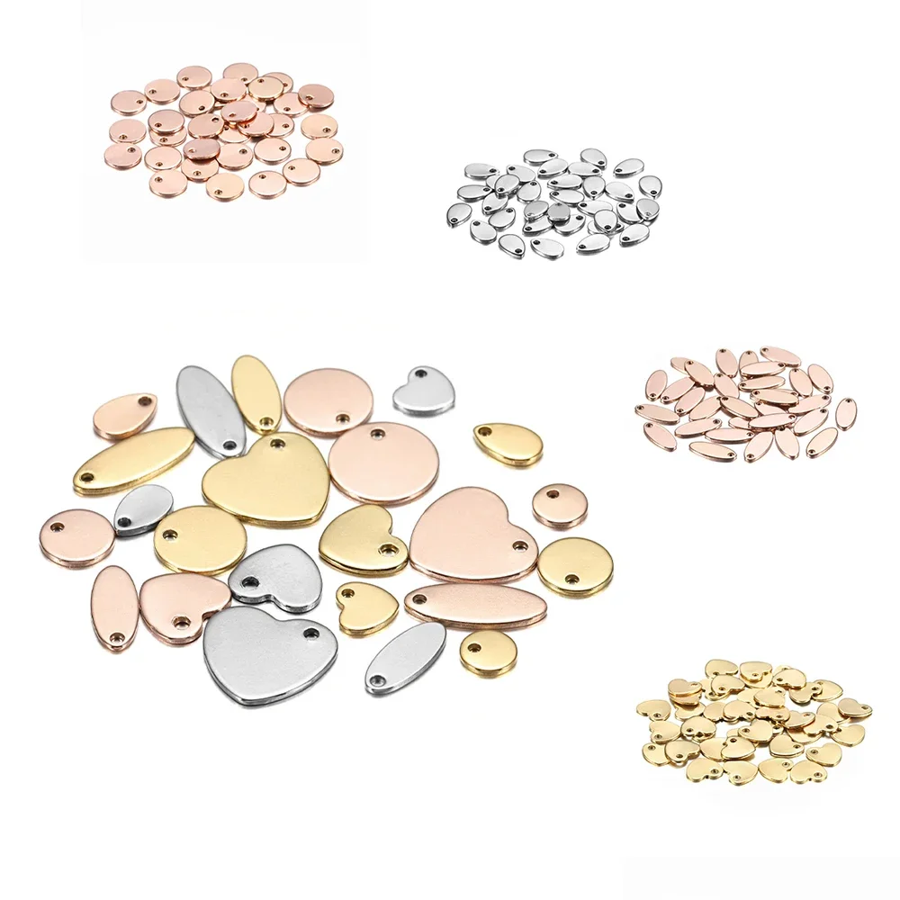 1 Bag Rose Gold Plated Heart-Shaped Water Drop Stainless Steel Charm Dog Tag Oval Blank Pendant For DIY Jewelry Making Component