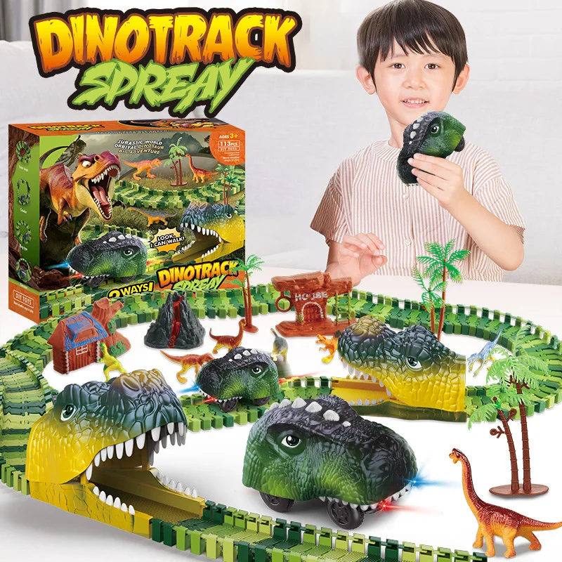 Venda imperdível brinquedos de carro ferroviário de dinossauro, montagem diy, montanha russa, trem elétrico