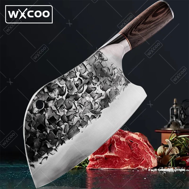 WXCOO Forged Kitchen Butcher Knife Cleaver Meat Chef Knives Full Tang Handmade Knife Stainless Steel Slicing Knife Wooden Handle