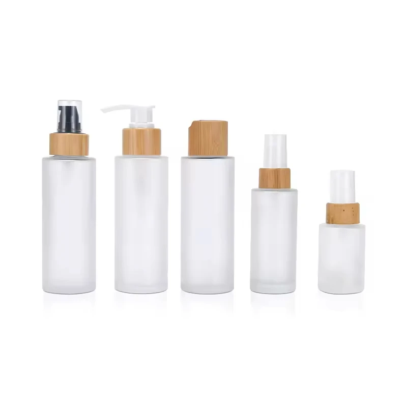 

Liquid Foundation Bottle Round Clear Frosted Glass Lotion Serum Pump Jars Cosmetic Cream Dispenser Pot with Bamboo Wood Lid