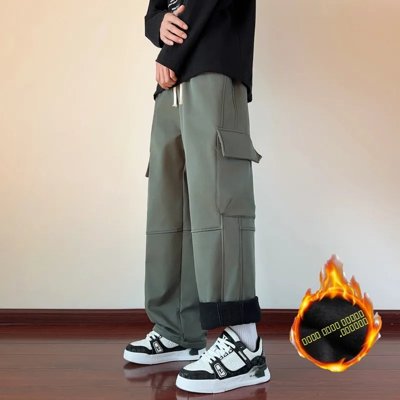 

Мужские повседневные рабочие брюки на флисовой подкладке, прямые, свободные, широкие, осенне-зимние, модные, брендовые джинсы