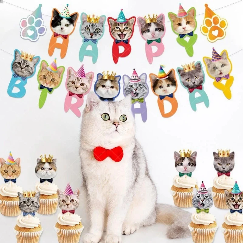 Pet Cat Theme Banner Wall Banner Happy Birthday Cake Noodles Party Decoration Cat Birthday Decoration Supplies Wreath