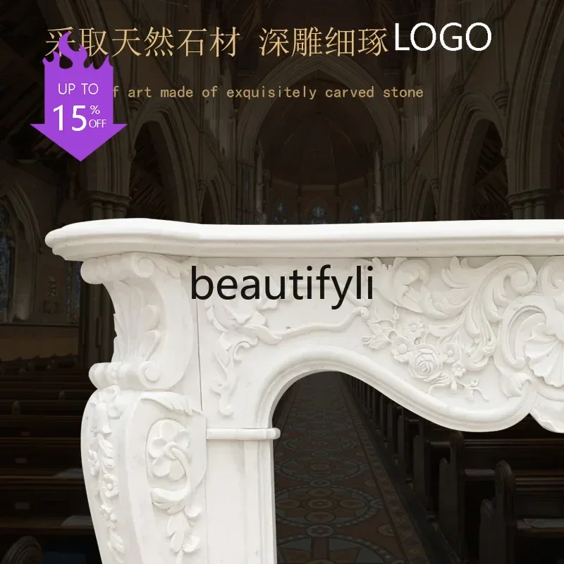 P French stone fireplace TV decoration villa, relief marble natural white marble professional stone carving customization