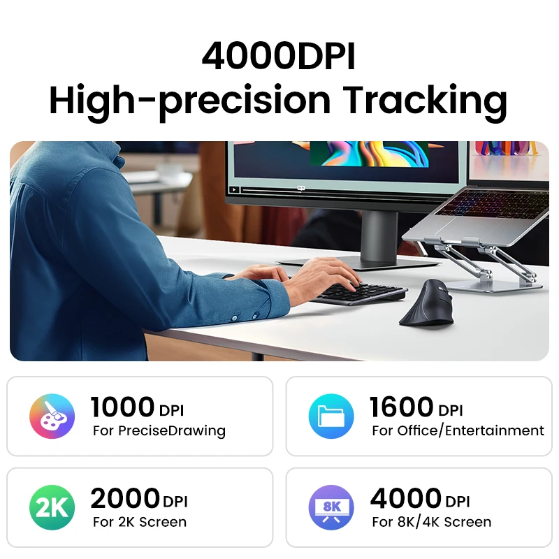 UGREEN Pionowa mysz Bezprzewodowa Bluetooth5.0 2.4G Ergonomiczna 4000 DPI 6 przycisków wyciszania do tabletów MacBook Laptopy Komputer PC Myszy — zdjęcie 4