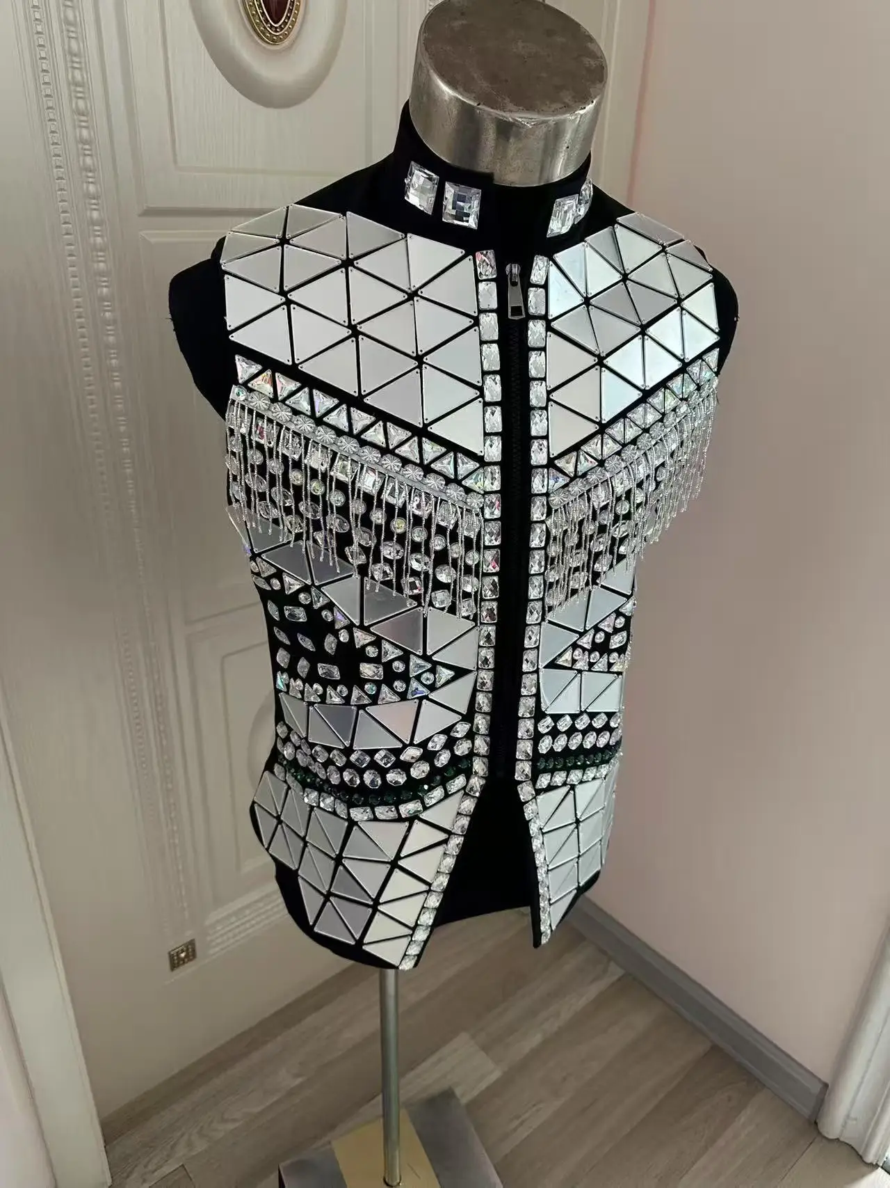 Hand Naaien Man Cool Kwastje Spiegel Lens Vest Zanger Danser Show DJ Vest Bar Club Party Prestaties Jas