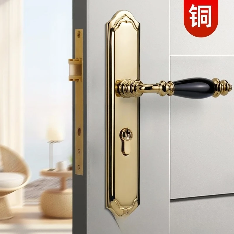 Brass interior door lock light luxury European-Italian bedroom magnetic suction silent American golden door light luxury