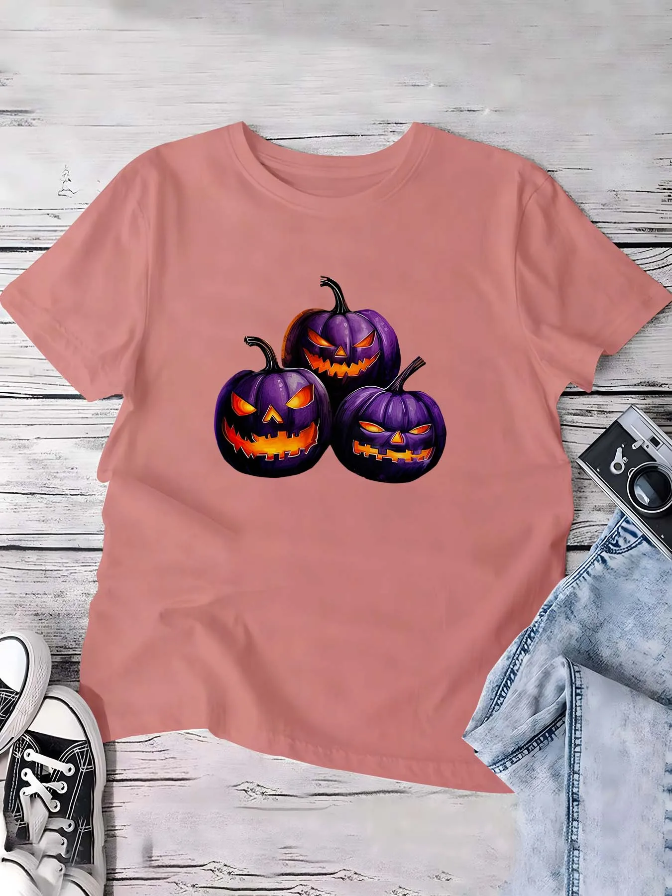 

Plus Size Halloween Pumpkin Graphic Top Embracing Spooky Festive Vibes With Intricate Jack - O - Lantern Design For Stylish Look