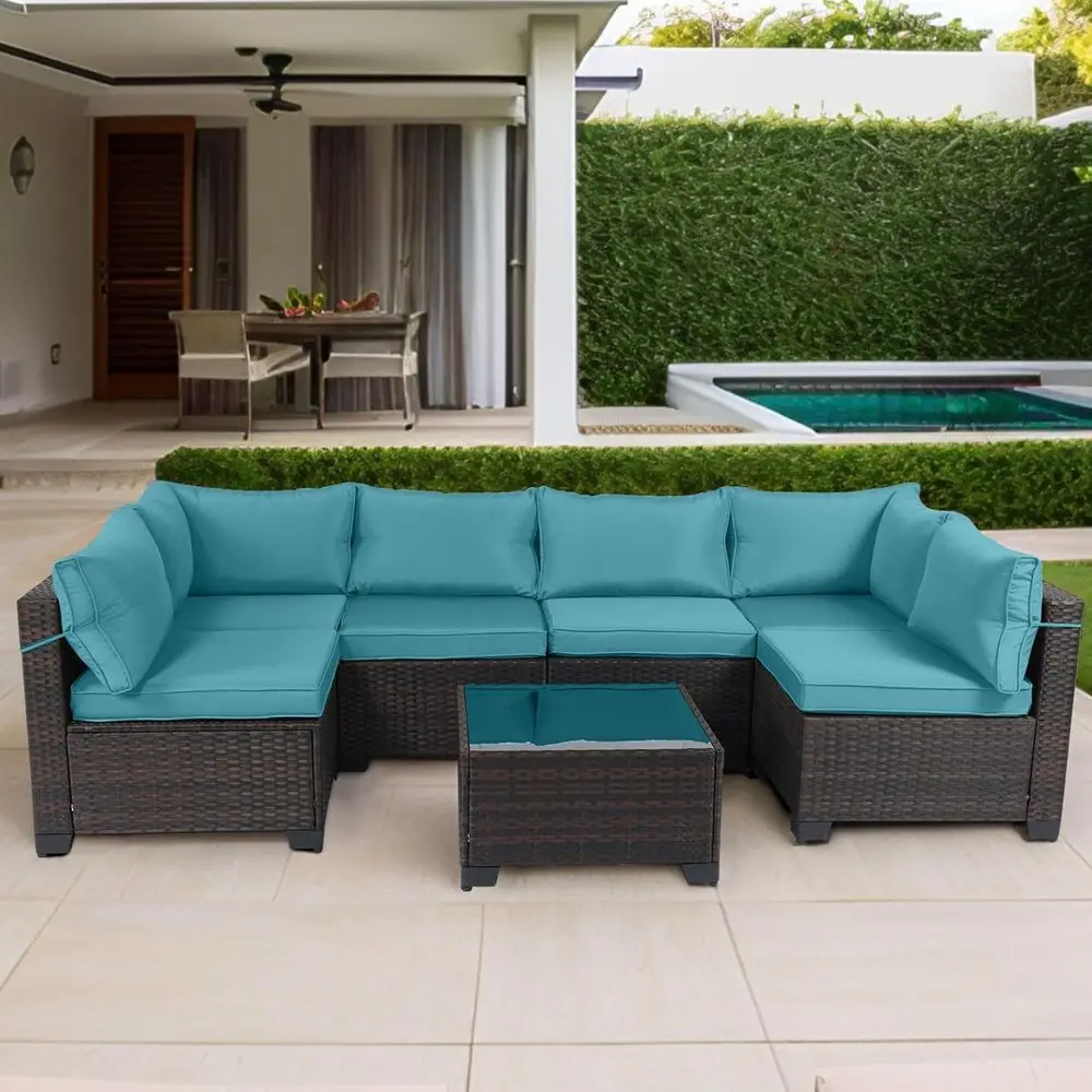 

7-Piece Rattan Outdoor Patio Furniture Set with Manual Woven Wicker Sofa and Tea Table