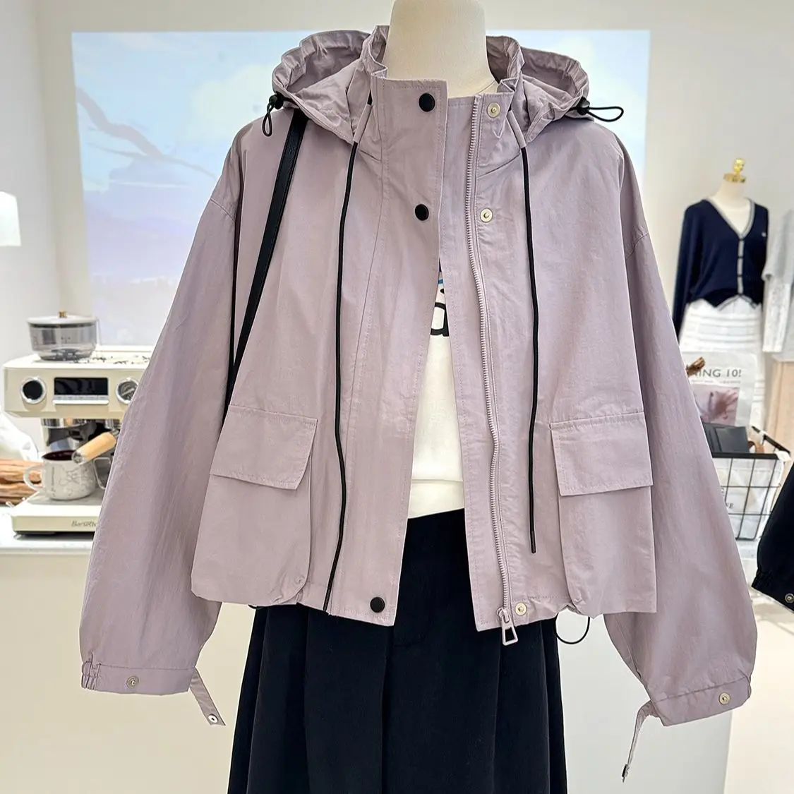 

New Spring And Autumn Short Workwear Pocket Solid Color Casual Jacket For Women Hooded Windbreaker Jacket