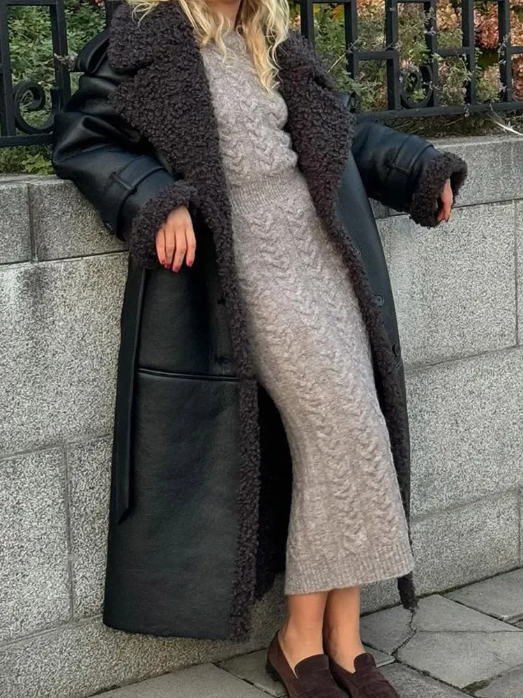 Faux PU Leather Coats Women Mid Length Thick Warm Coat Turn Down Collar High Waist Belt Maxi Jackets Outerwear Autumn Winter