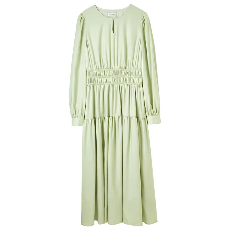 SENTUBILA 100% Lyocell Dress for Woman 2025 Elegant Vacation Green Long Sleeve Smocked Midi Dresses Ladies Clothing 141L52884
