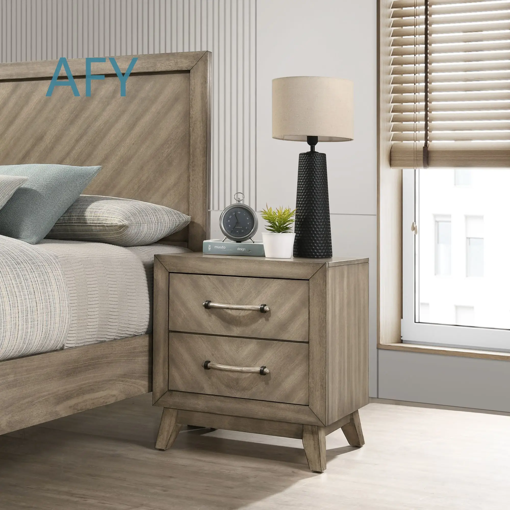 Contemporary 2-Drawer Nightstand for Bedroom Furniture Antique Gray Wood Night Table Modern Bedside Table for Home Decor