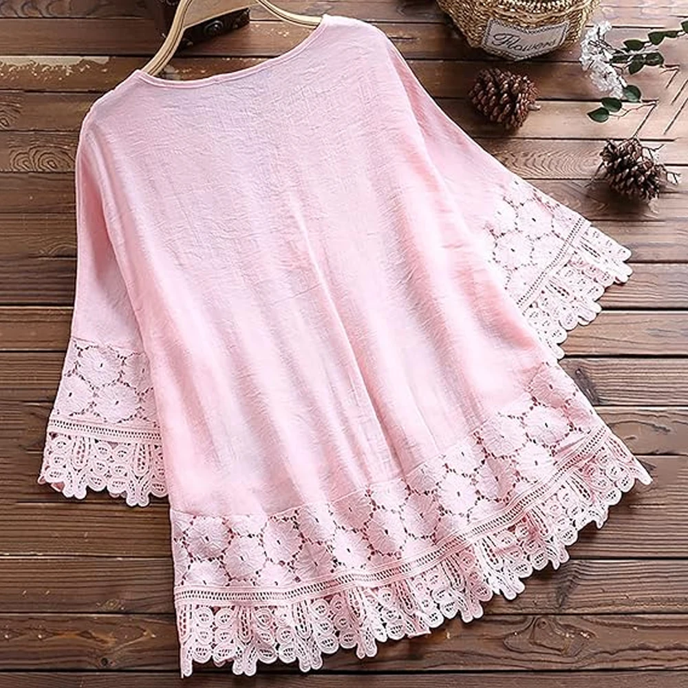 L-5XL Plus Size kobiety na co dzień luźne koszulki lato krawat z dekoltem w szpic doszywana koronka bluzka boho 3/4 rękaw aplikacje topy w kwiaty