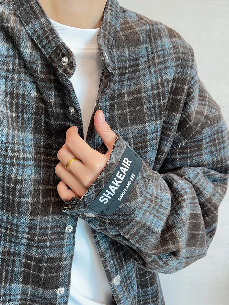 

Dannyandzee Men's Thick Woolen Long Sleeve Shirt Spring Autumn Plaid Stand Collar Lazy Blue Coffee Color Versatile Casual Style