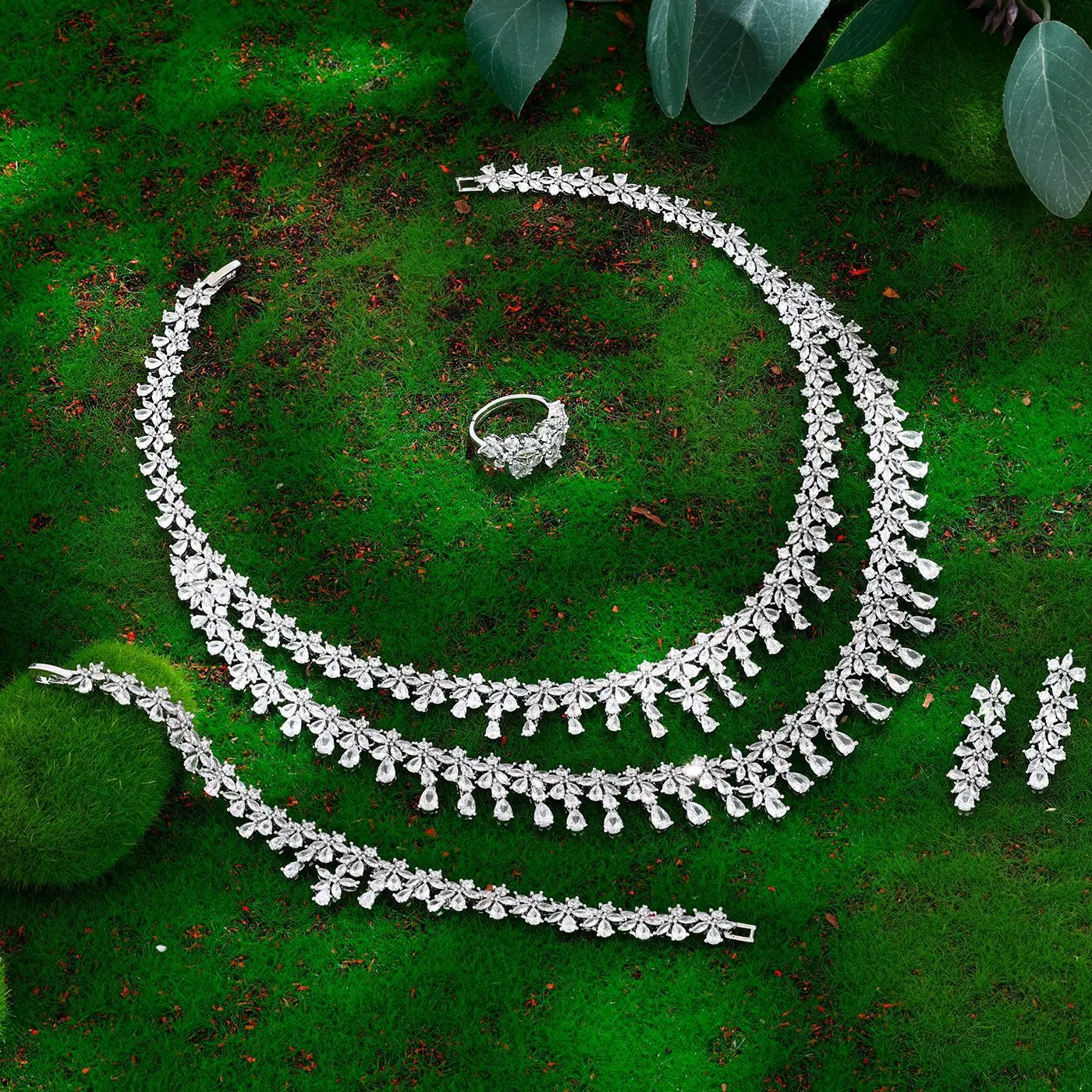 4PCS Elegant Teardrop CZ Multi Layer Necklace Earrings Bracelet Ring Luxury Women Wedding Crystal Choker Bridal Jewelry Set Gift