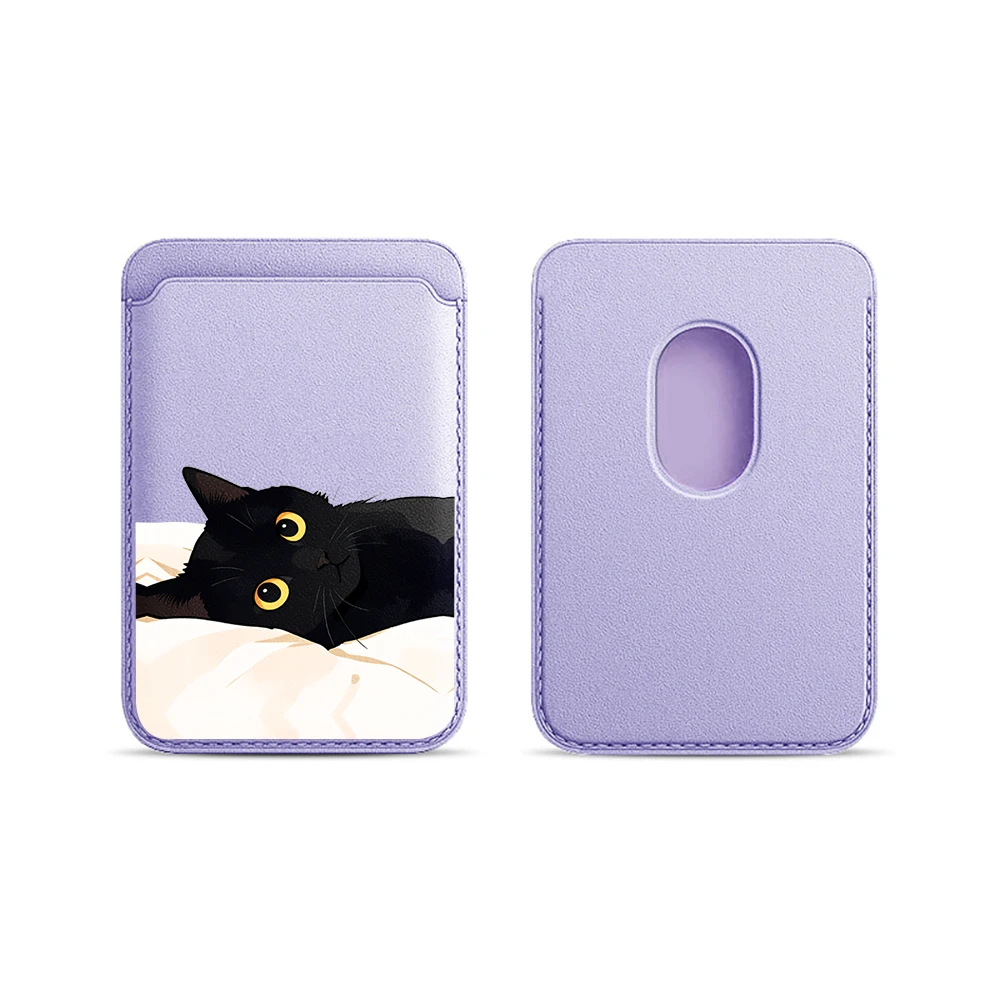 Schwarze Katzen-Leder-Kartenhülle für das Handy, geeignet für alle iPhone-Hüllen, Magsafe magnetische Kartenhalterung, einfache Handy-Rückentasche – Detail 8