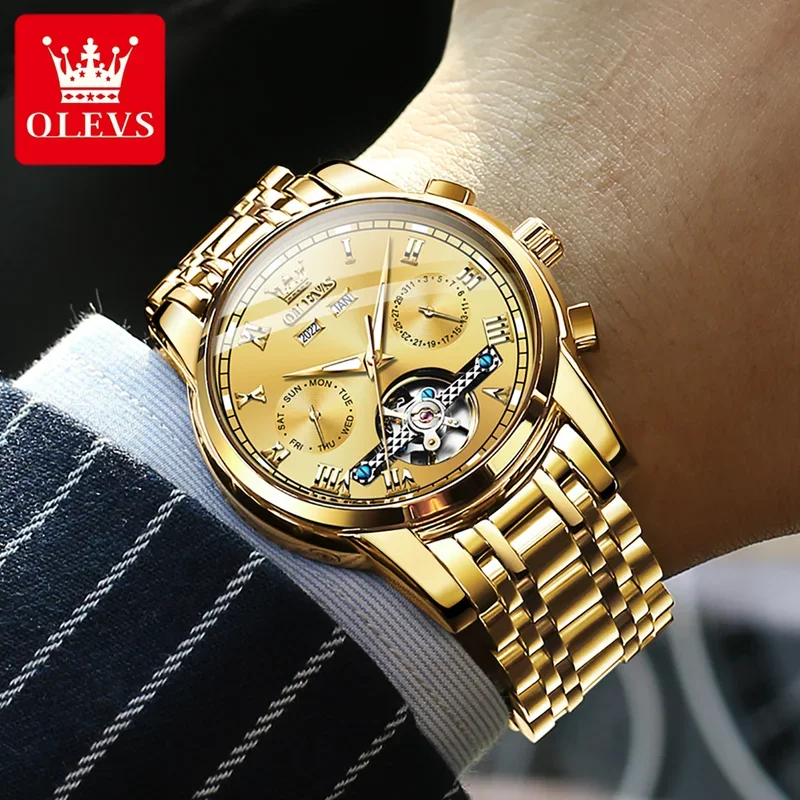 Olevs 6607 luxury gold mechanical watch men fashion stainless steel strap waterproof calendar business men\'s watc