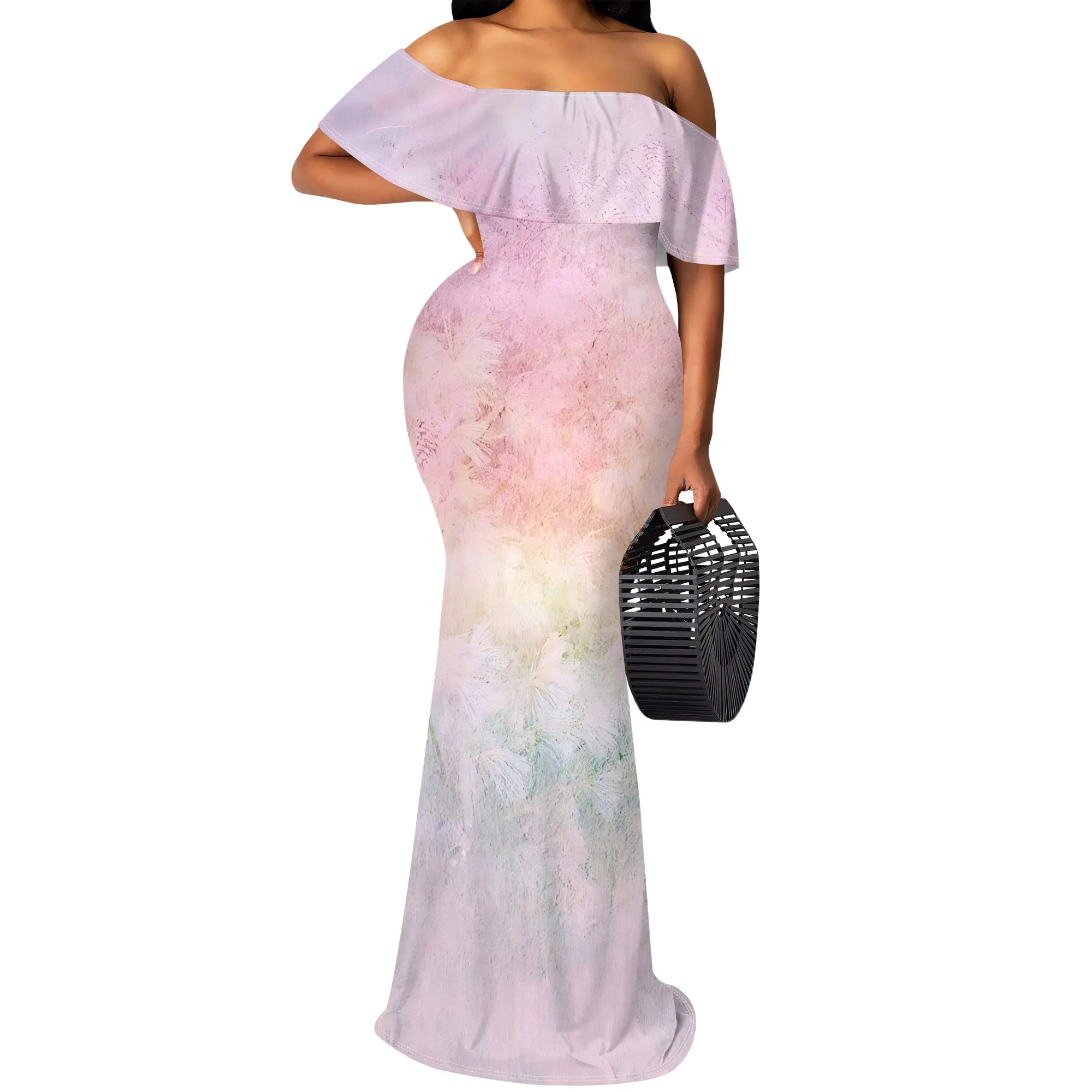 Schulterfreies Maxikleid mit blauem Galaxie-Farbverlauf in Übergröße, elegantes Abendkleid für Abschlussball und Partys