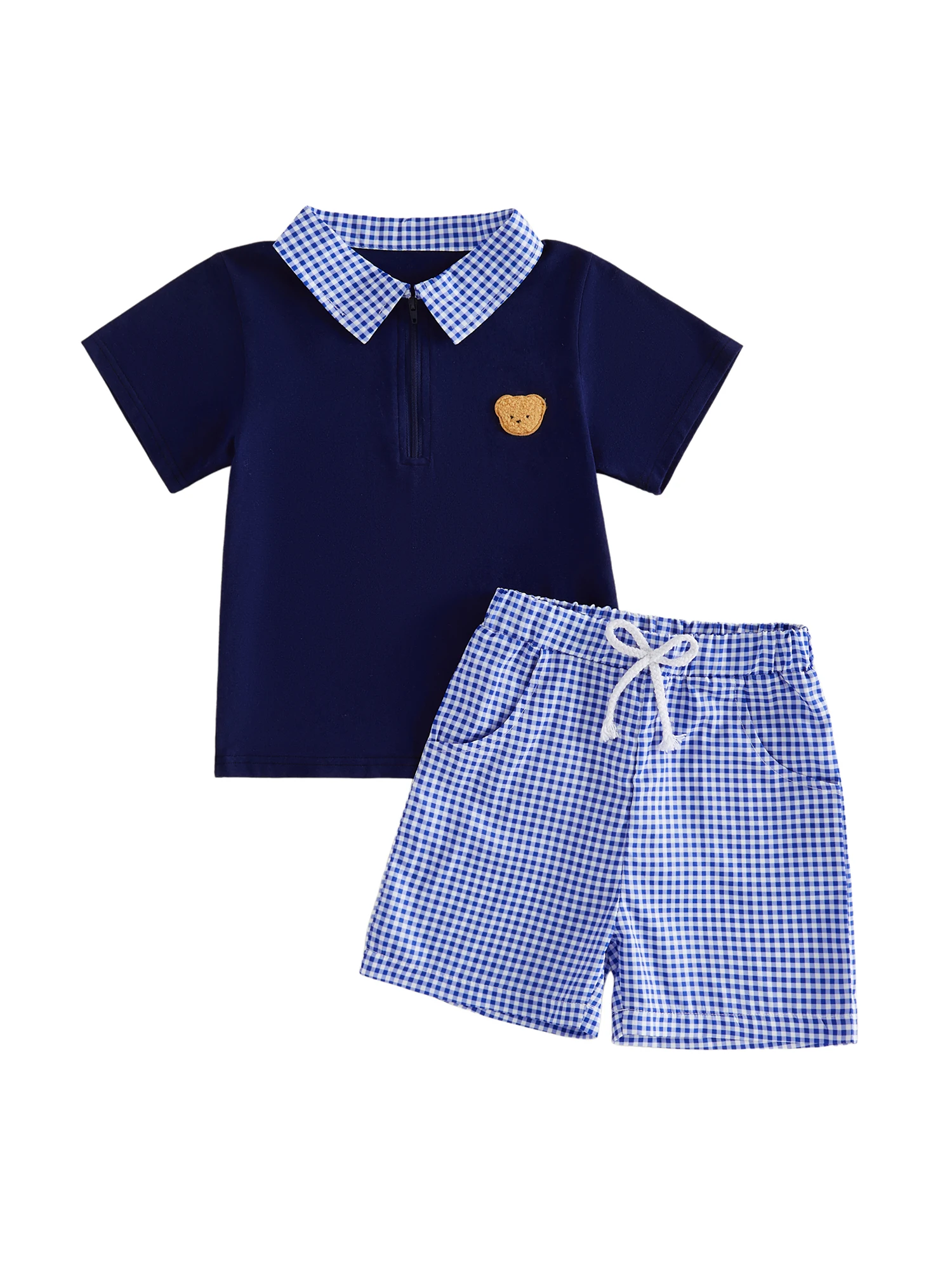 

2Pcs Baby Boy Casual Wear Short Sleeve Lapel Neck Bear Embroidery Tops and Plaid Print Shorts Set with Elastic Waist