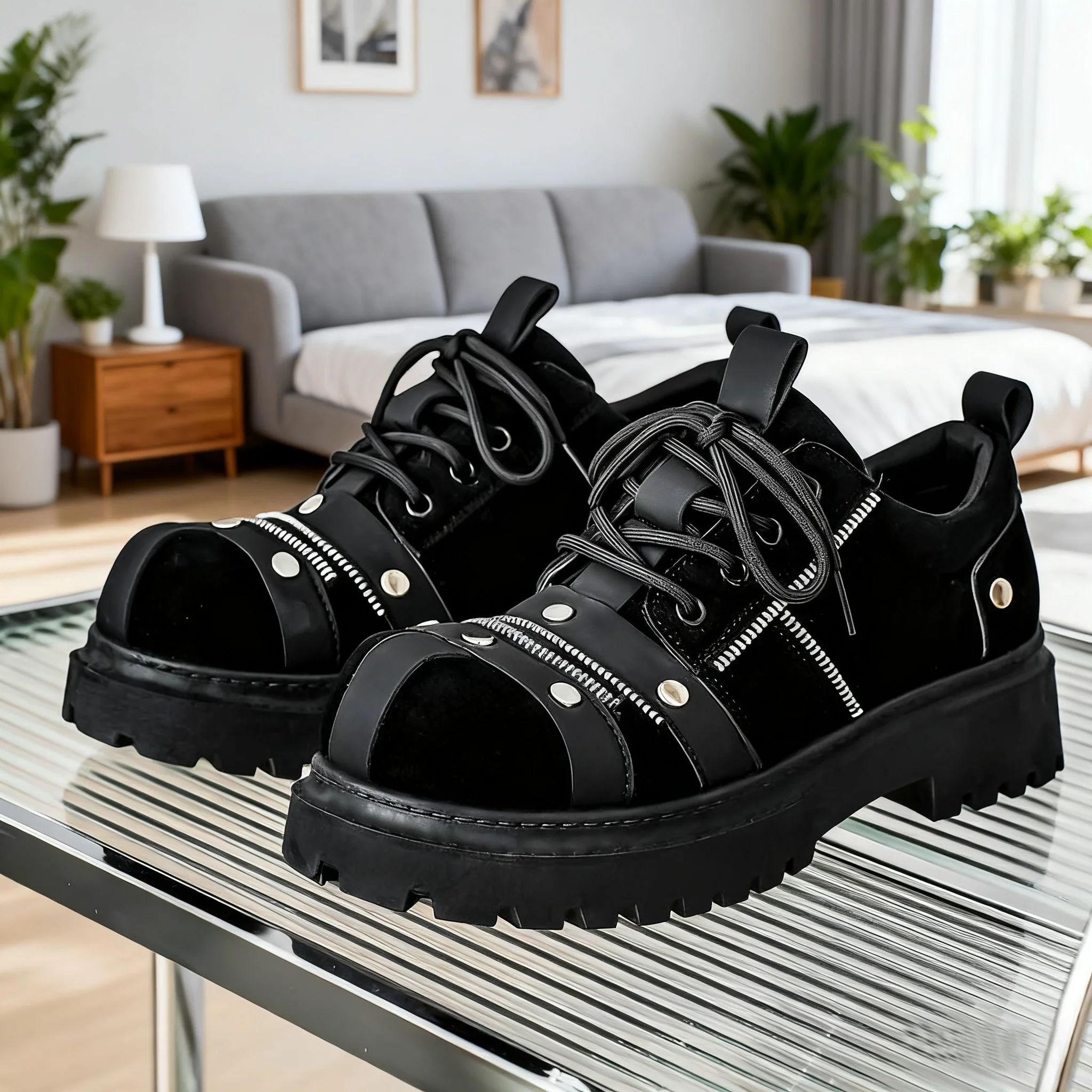 

Дизайнерская шнуровка на толстой подошве + металлическая пряжка, украшение в стиле ретро, уличная трендовая рабочая одежда, модные туфли с большим носком