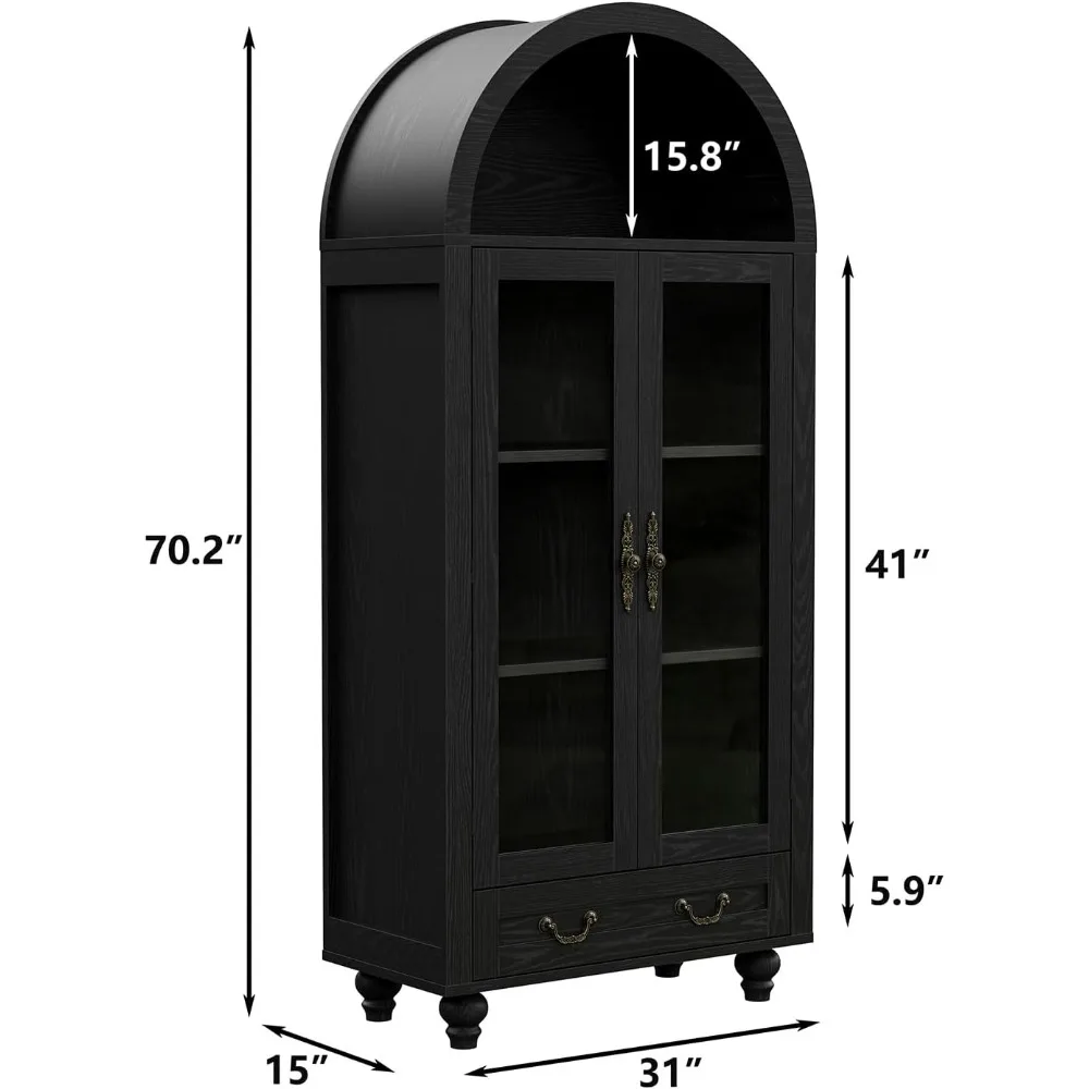 Farmhouse Tall Arched Storage Cabinet, Freestanding Cabinet with Glass Doors, Arched Storage Cabinet Decent Cabinet for Kitchen