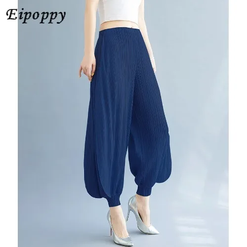 Bloomers de drapeados plissados femininos, emagrecimento solto na moda, calça casual fina com faixas no tornozelo