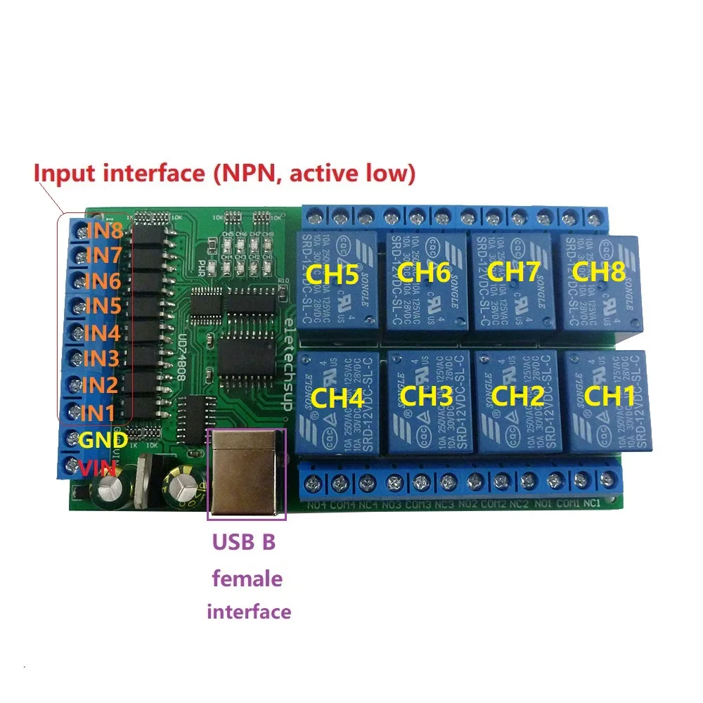 

2PCS UD74B08 8 Channel USB COM Serial Port UART Relay Board & 8 Optically isolated Input for WIN7 WIN10 Linux MAC