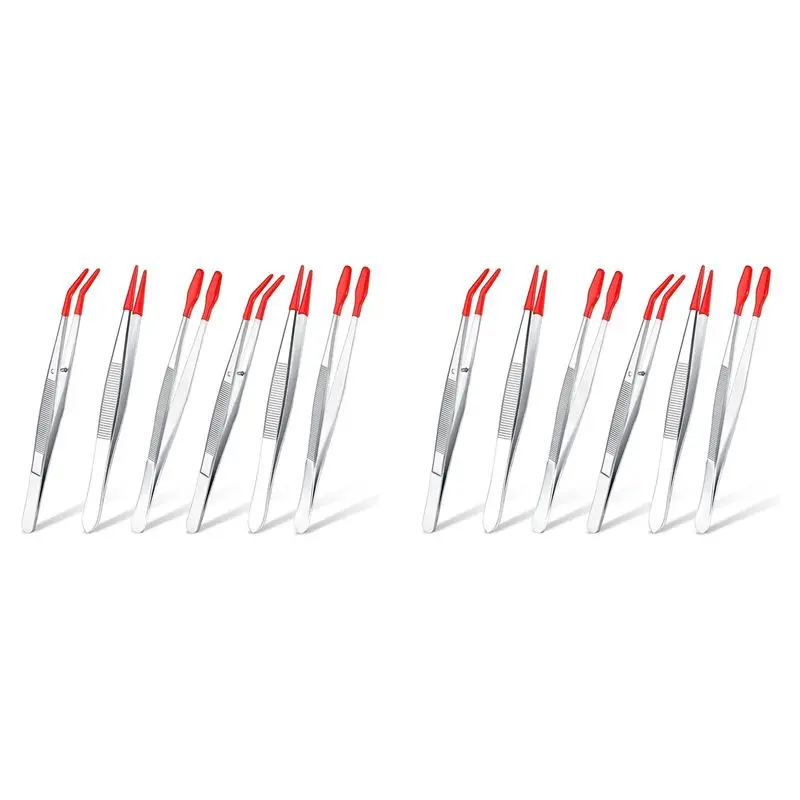 [Superx&KND]12Pcs Tweezers With Rubber Tips Set Soft PVC Rubber Coated Tips Bent And Straight Flat Tip Precision Bent Long Tweez