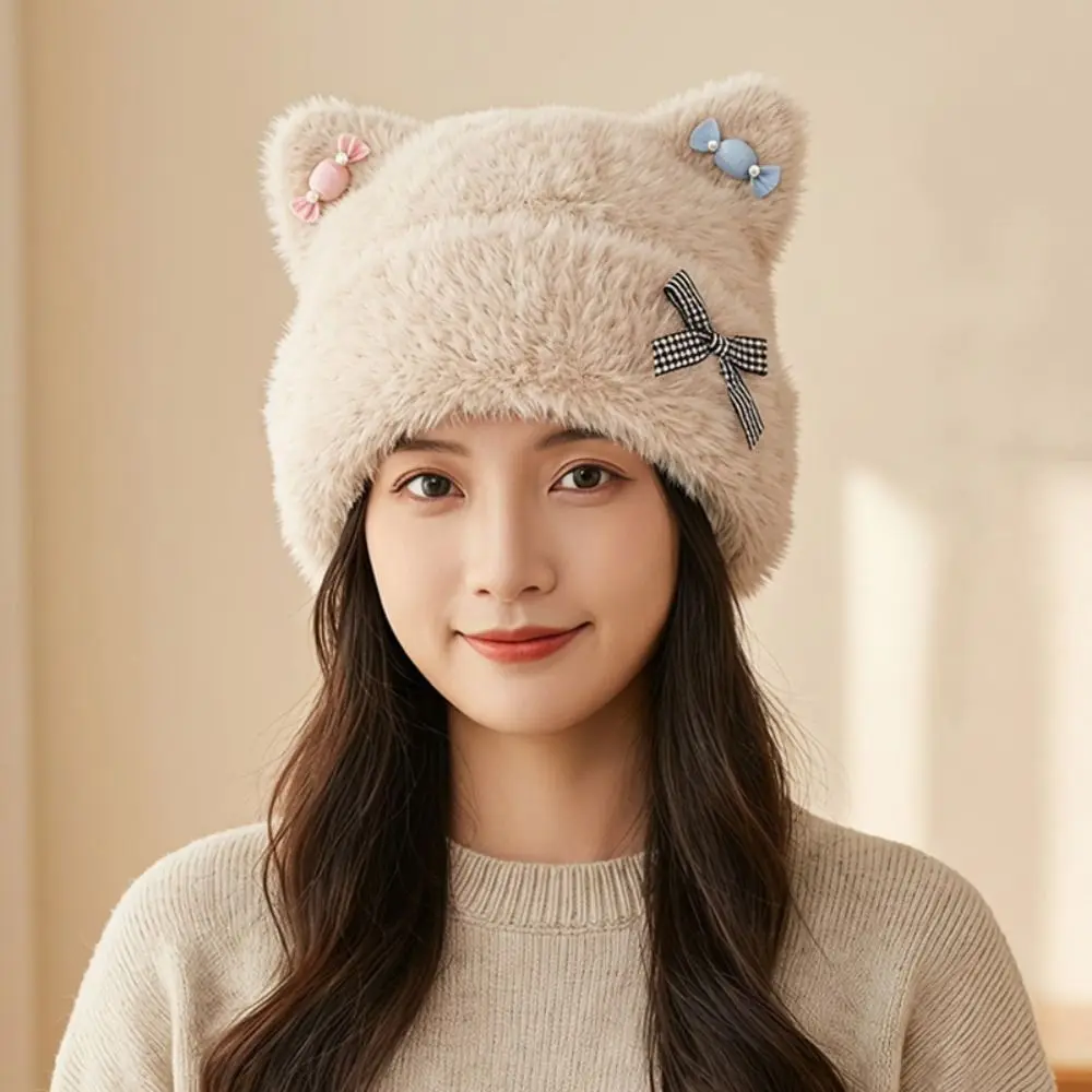 Fabric Cat Ear Beanie Warm And Cozy Soft Fuzzy Texture Fuzzy Winter Hat Bowknot Detail Korean Style Cute Cat Hat
