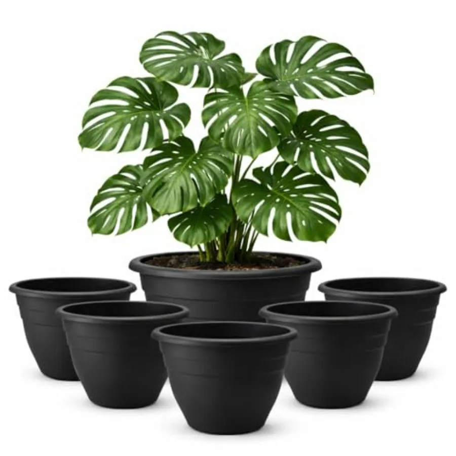 6 Pack 16 Inch Outdoor Plant Pots, Heavy Duty Plastic, Black, Lightweight with Drainage Holes for Patio, Garden Trees