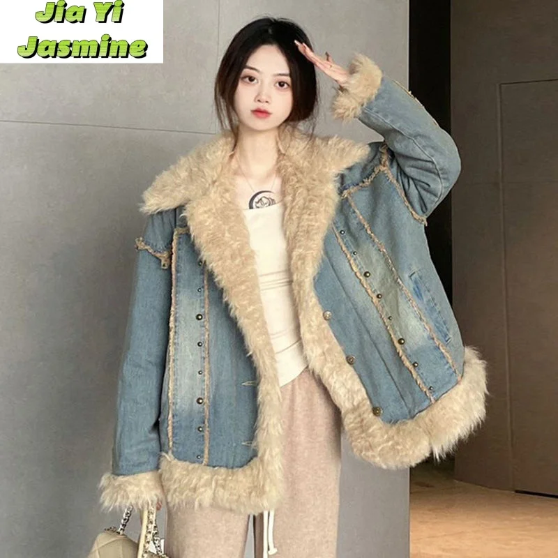 2024 Winter New Woolen Collar Jacket Women's Hong Kong Style Retro Clip Cotton Thick Cotton Clothes Versatile Loose Cardigan Top