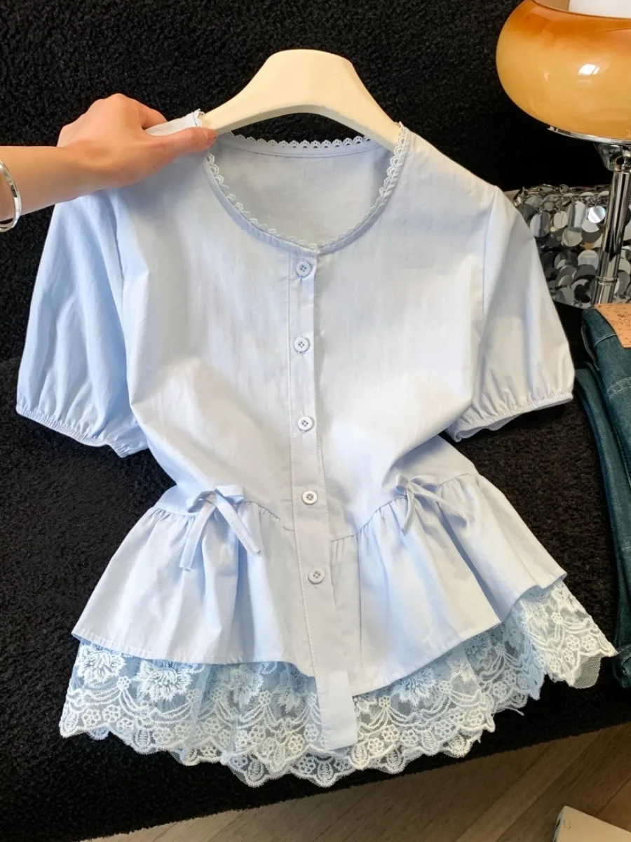 

Chic Lace Hem Blouse Cardigan Korean Style Short Sleeve round Neck Women's Summer Fashion Top Elegant Dress Look