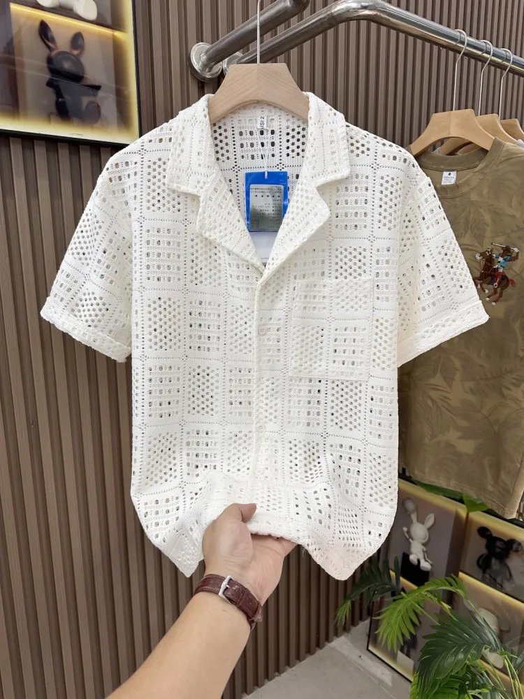 New Style Male Summer Single Breasted Hollow Out Short Sleeved Shirt Thin Breathable Casual Shirts Fashion Mens Lapel Loose Tops